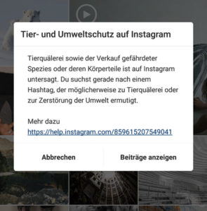 Screenshot der Anzeige von Instagram zum Tier- und Umweltschutz