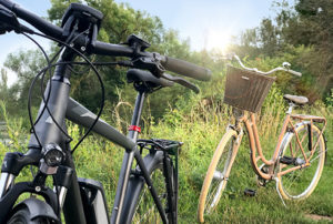 Herrenrad in Schwarz vor einem Damenrad in beige