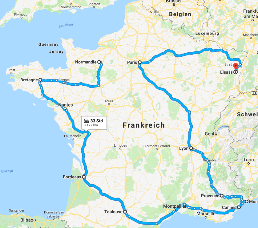 Route durch Frankreich auf der Landkarte